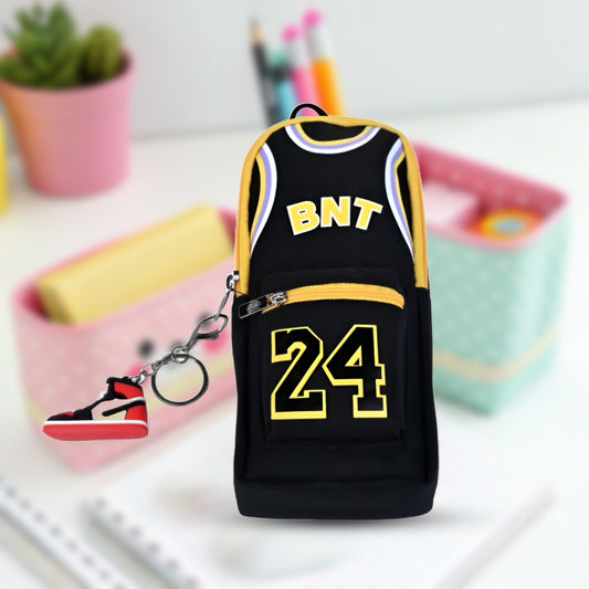 Basketball Jersey 3d Pencil Pouch – Black And Gold With Shoe Keychain
