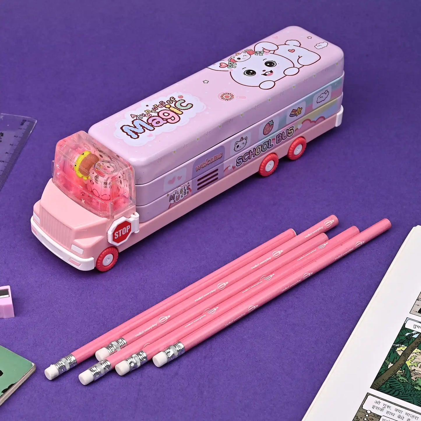 Pink Aquarium Themed Bus Pencil Box – Sparkling Water Design