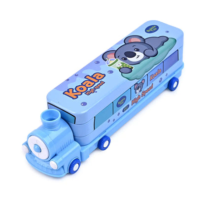 Blue Train Shaped Pencil Box With Mini Engine – Spacious And Fun Stationery