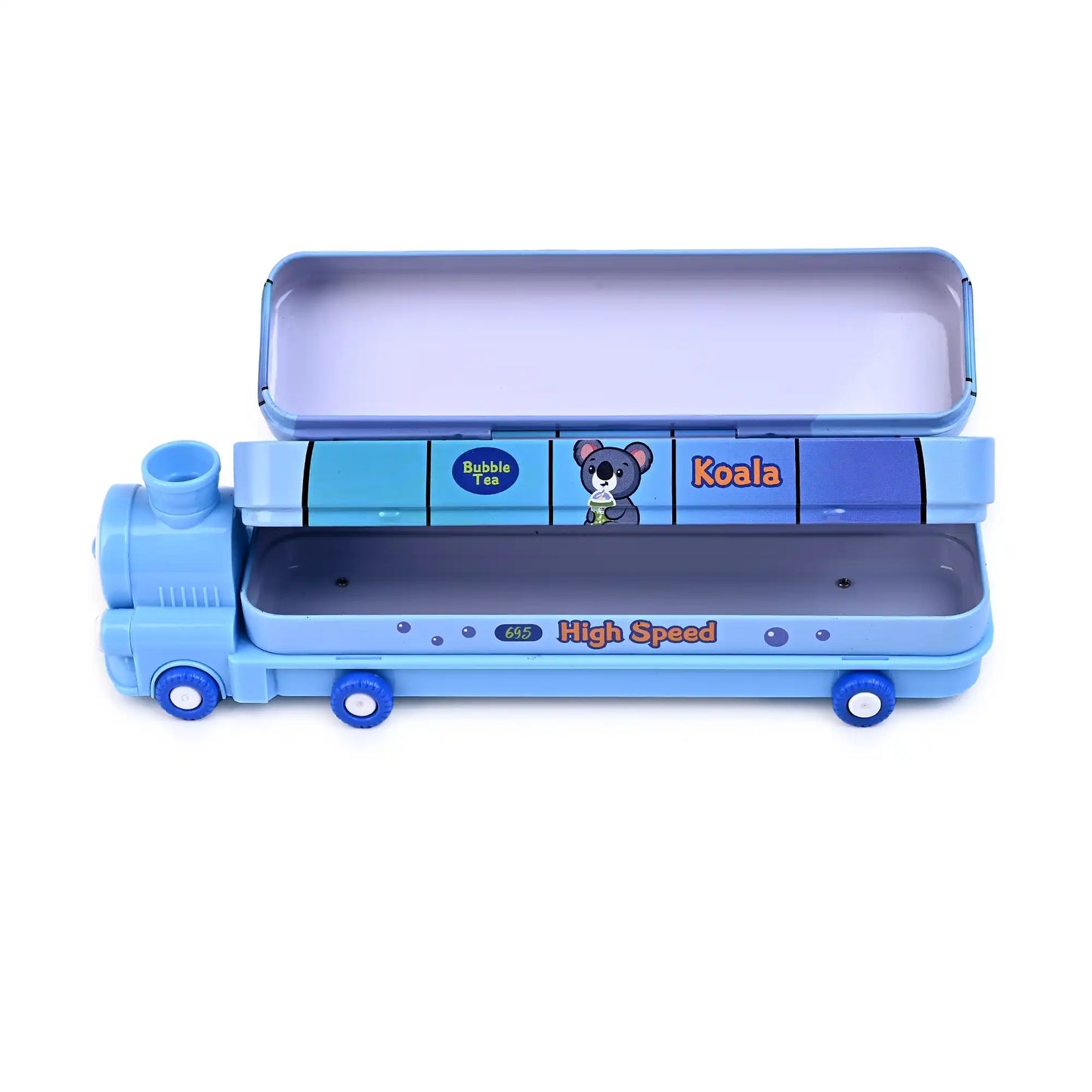 Blue Train Shaped Pencil Box With Mini Engine – Spacious And Fun Stationery