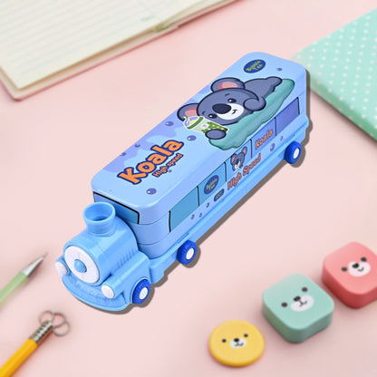 Blue Train Shaped Pencil Box With Mini Engine – Spacious And Fun Stationery